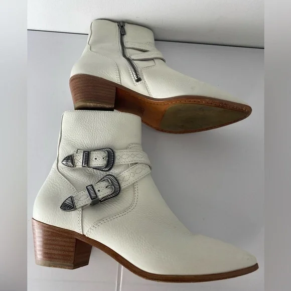 FRYE Ellen Buckle Bootie White Leather Ankle Boots with Silver Hardware - Picture 7 of 8